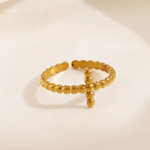 18K gold plated stainless steel open ring with cross design and beaded band for women