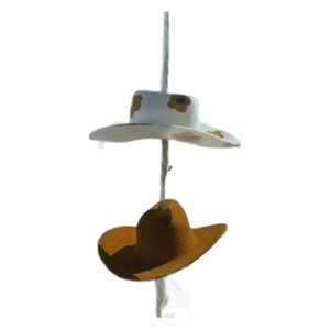 Cowboy hat hanging car mirror accessories in white animal print and solid brown felt
