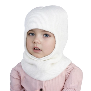Close-up of white knit balaclava for kids showing soft texture and cozy thermal hood