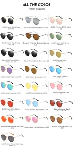 Detail view of 22 different color options for retro round frame polarized sunglasses