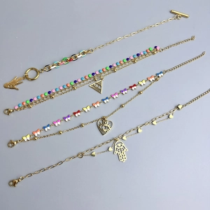 Bohemian Double Layer Bracelet 18K Gold Plated Stainless Steel Evil Eye Hamsa Hand Toggle Clasp Enamel Jewelry Women