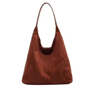 Vintage dark brown suede hobo shoulder bag with spacious interior and minimalist style