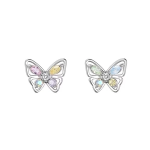 Elegant S999 sterling silver butterfly stud earrings with colorful gemstones on white background