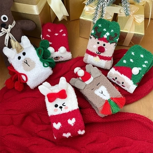 Thick warm coral fleece Christmas socks set with cute cartoon reindeer and Santa designs
