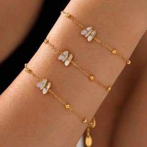 Schmetterling Anhänger Armband Edelstahl 18K Vergoldet Natur Perlmutt Zirkonia Künstliche Perlen Schmuck Damen