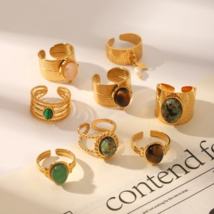Set of 8 vintage gold stainless steel open rings with tiger eye and natural stone charms