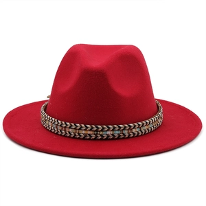 Classic red wool fedora hat with ethnic woven band and flat wide brim for men and women