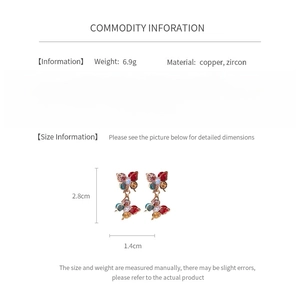 Infographic showing size and weight specs of zircon butterfly earrings with copper base