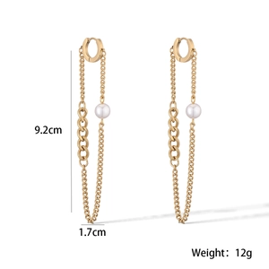 18K gold plated stainless steel long tassel chain earrings with white pearl detail