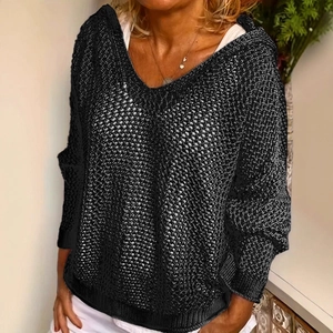 Felpa con cappuccio in maglia nera da donna con scollo a V e vestibilità comoda