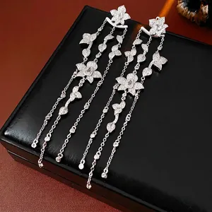 Flower Leaf Tassel Dangle Earrings Copper With Zircon And Silver Earring Post Elegant Luxury Jewelry For Women