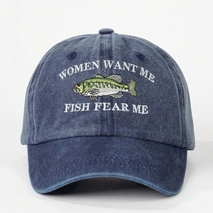 Vintage washed blue cotton baseball cap with embroidered bass and humorous slogans