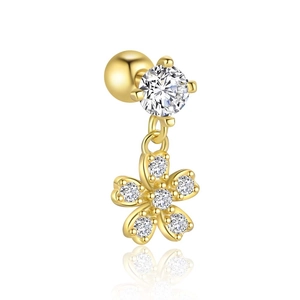 Detailed close-up of golden S925 silver flower stud earring with sparkling white zircons