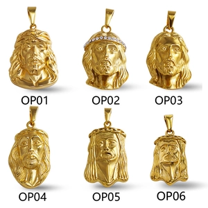 Hip hop Jesus head pendants in gold finish with iced out rhinestones and unique designs