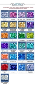 Detailed color chart featuring 25 radiant cut loose gemstones in various vibrant shades