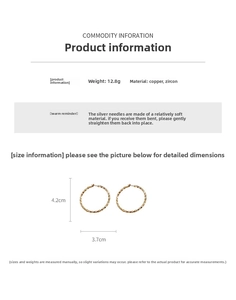 Size chart showing irregular gold hoop earrings dimensions 4.2cm by 3.7cm with zircon detail