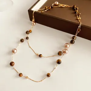 French vintage double layer necklace with tiger eye stones and lustrous pearls