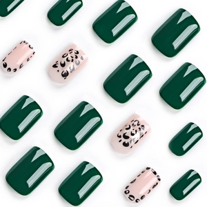 Short square press-on nails with dark green finish and nude leopard print design