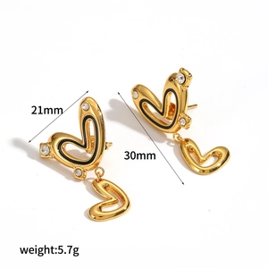 Golden double heart earrings with black enamel and clear crystals, 21x30mm size detail