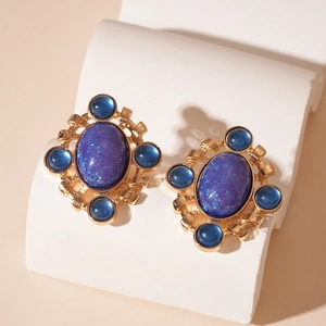 French Court Vintage Oval Geometric Stud Earrings Enamel Alloy With Silver Earring Post Elegant Jewelry For Women