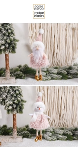 Pink plush Santa and Snowman Christmas ornaments with long dangling legs and gold boots