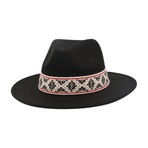 Vintage Fedora Hat Wide Brim Felt Polyester With Ethnic Woven Band Geometric Pattern Unisex Sun Protection Travel Style