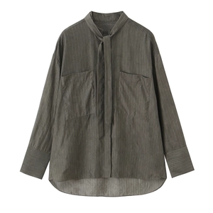 Women Striped Blouse Polyester Long Sleeve Tie Neck Double Pockets Casual Button Down Shirt