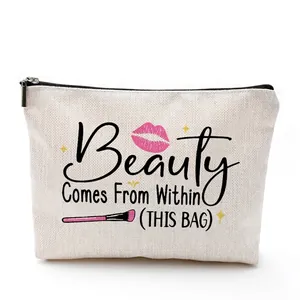 Beige canvas makeup bag with Beauty Comes From Within slogan and pink lip print