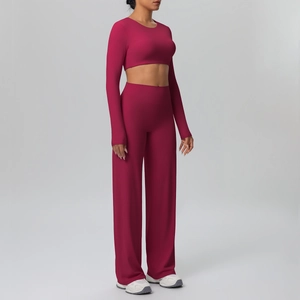 Detail of high-waist wide-leg pants and cropped long sleeve top in deep berry red