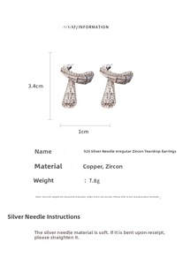 Detailed view of silver zircon waterdrop earrings with 925 silver needle for women