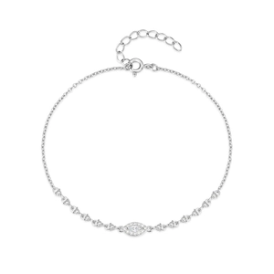 Detailed view of 925 sterling silver evil eye tennis bracelet with marquise diamond setting