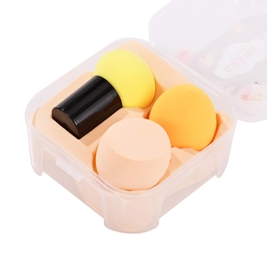 Mushroom makeup sponge set with handle and diverse shapes in a transparent storage box