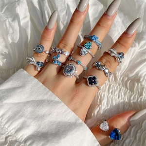 S925 Sterling Silver Ring Women Elegant Blue Zirconia Heart Butterfly Water Drop Adjustable Clover Ring Fashion Jewelry Gift