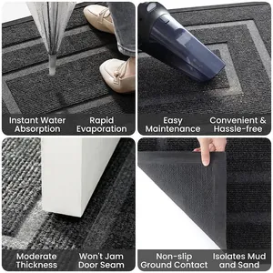 Non-slip rubber entrance mat with geometric texture showing water absorption and thin profile