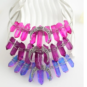Natural crystal quartz crown headbands with crescent moon charms in pink and purple colors