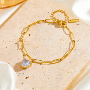 Bracelet en acier inoxydable doré 18 carats avec cristal cœur violet sur pierre