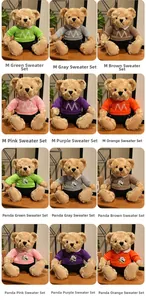 Detailed grid showing teddy bears in various colorful hoodies and shorts on a wooden table