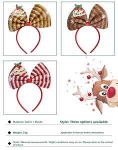 Détail de trois serre-têtes de Noël avec nœuds, texte Feliz Navidad et motifs festifs