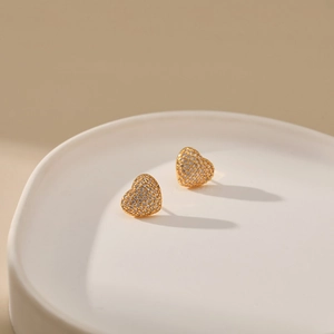 18K gold plated heart stud earrings with sparkling pave zircon stones for women