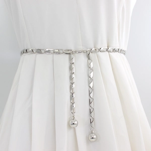 Elegant silver metal waist chain with rectangular links and decorative metal ball charms