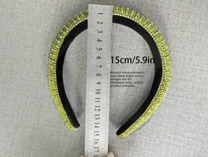 Baroque green rhinestone headband detail showing dimensions of 15cm with a steel ruler