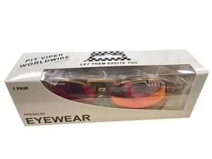 Close-up of polarized Pit Viper sports sunglasses in orange red with premium packaging