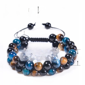 Double-layered 8mm tiger eye and obsidian bracelet with adjustable 19-30cm circumference
