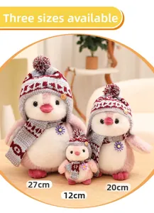 Detailed comparison of plush penguin toys in three sizes with knit hats and scarves