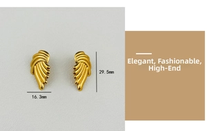 Detail showing 18K gold plated stainless steel ribbed earrings measuring 16.3mm by 29.5mm
