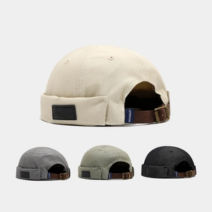 Bonnet Docker Rétro Sans Bord Coton Vintage Streetwear Sangle En Cuir Réglable Boucle Métallique Unisexe Miki Hat