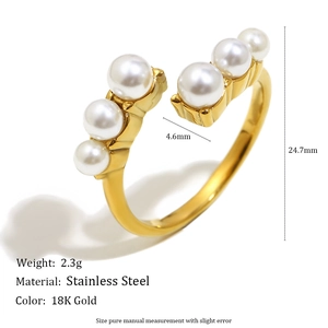 18K gold plated stainless steel open ring with six elegant pearls for women