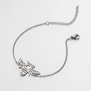Minimalist silver stainless steel bracelet with a detailed hollow bee charm and lobster clasp