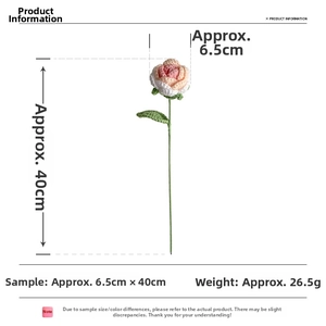 Detailed view of handmade crochet rose with 40cm height and 6.5cm flower head diameter