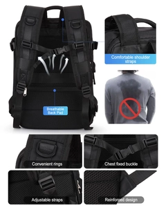 Detalles de la mochila de viaje negra con panel trasero transpirable y hebilla de pecho